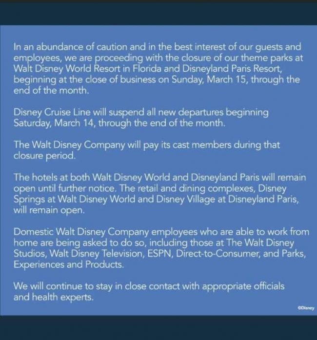 Walt Disney world coronavirus closing announcement. 
