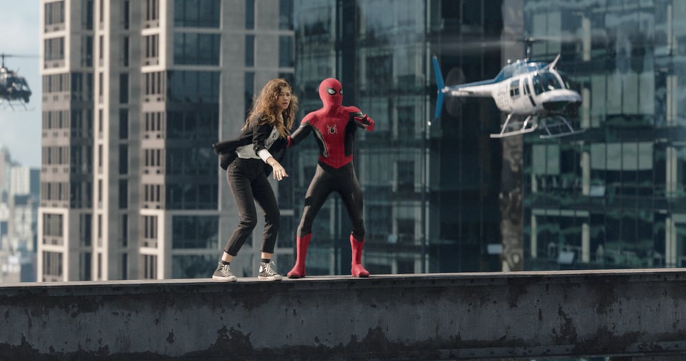 zendaya's MJ quotes in spider man no way home. spiderman and MJ on beam with helicopters circling.