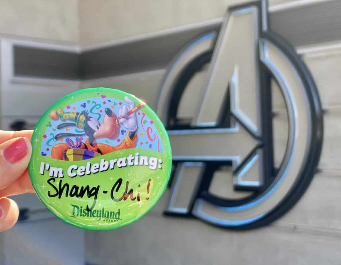 celebration buttons are free at disneyland. This one says I'm celebrating Shang-Chi.