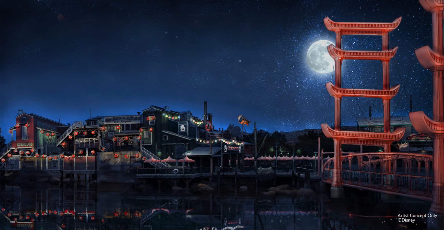 Concept art of the reimagining of Pacific Wharf at Disney's California Adventure to San Fransokyo.