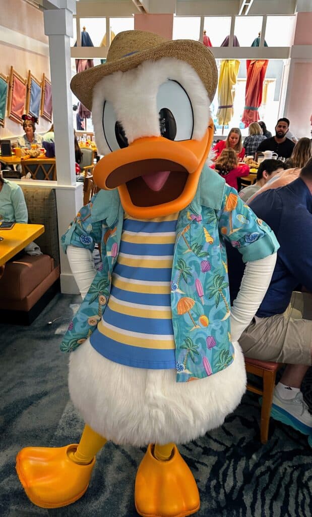 best disney character dining: cape may cafe minnie's beach bash breakfast review. Donald Duck in his beach resort attire.