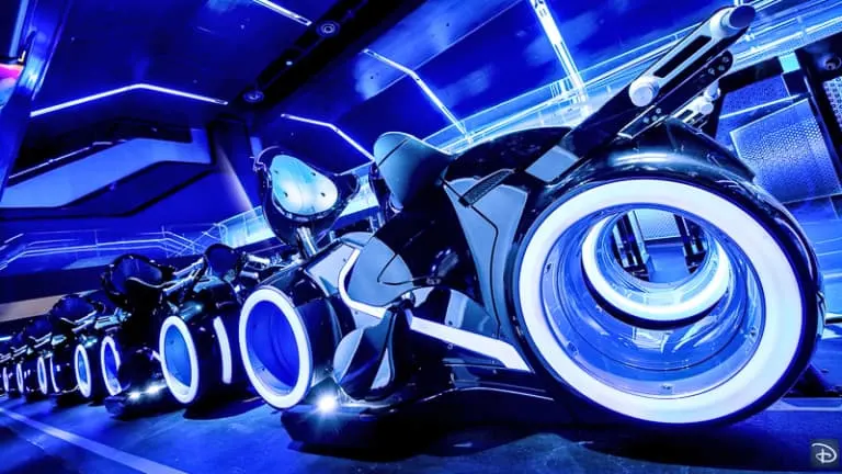 tron-roller-coaster-bikes. Is tron too scary? Does tron go upside down?