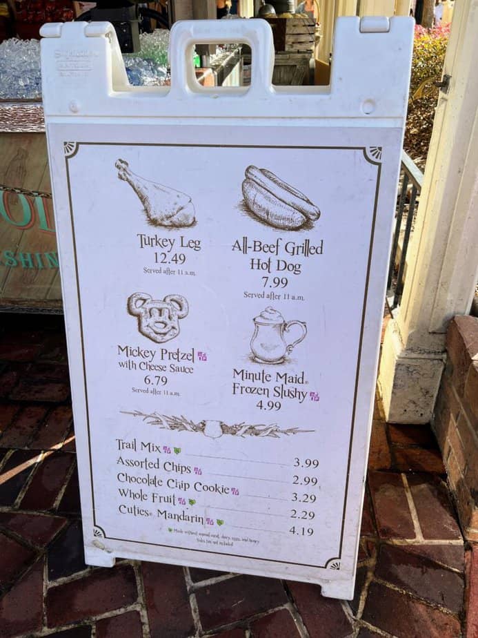 menu board with snack credits listed from the Disney Dining Plan. 