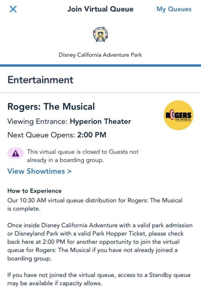 rogers the musical virtual queue tips